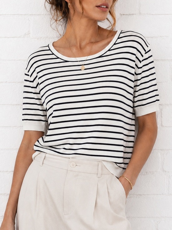 H&M Tops - H&M Striped Fine Knit Top Cream Black Soft Stretch Coastal Preppy M Nautical